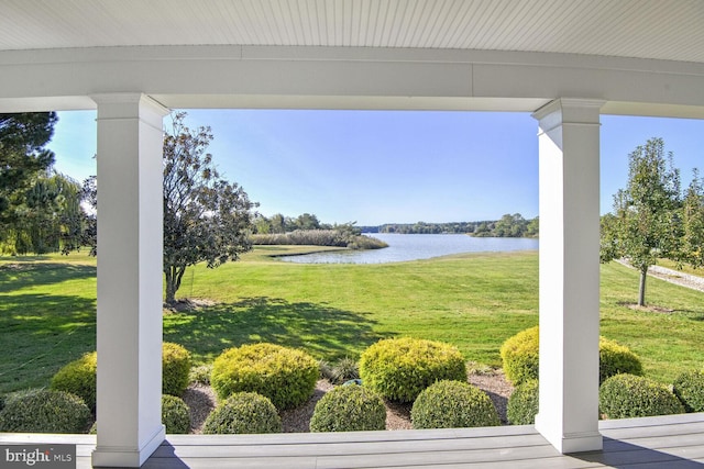 view of yard with a water view