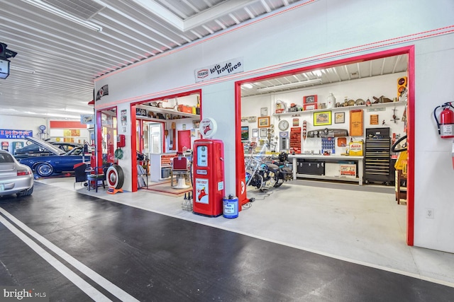 garage with a workshop area