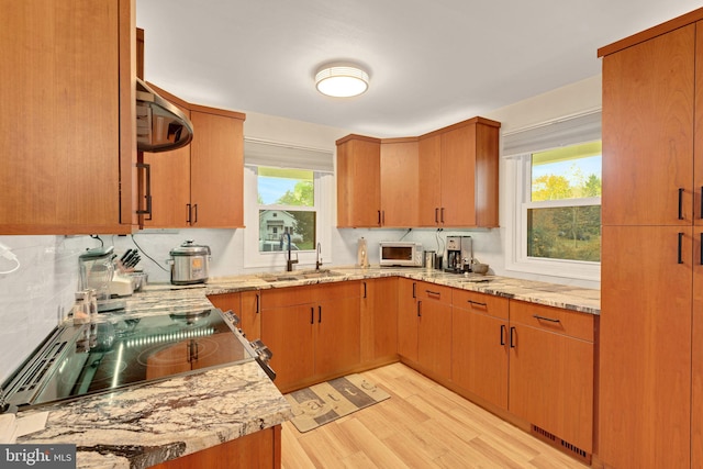 kitchen with backsplash, light stone counters, sink, and light hardwood / wood-style flooring