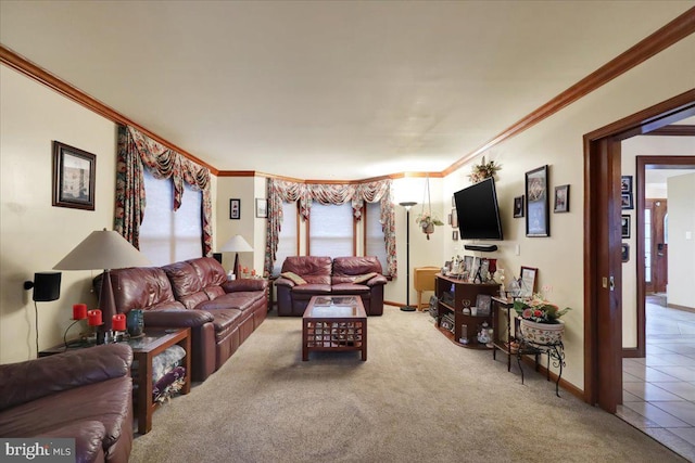 living room featuring carpet flooring and crown molding