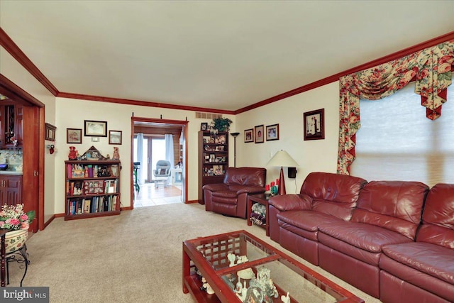 living room featuring carpet flooring and ornamental molding