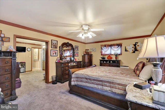 bedroom featuring light carpet, ceiling fan, and ornamental molding