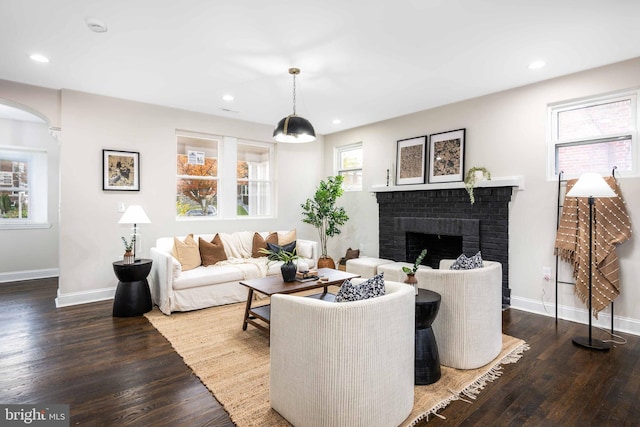 living room with a fireplace and dark hardwood / wood-style flooring