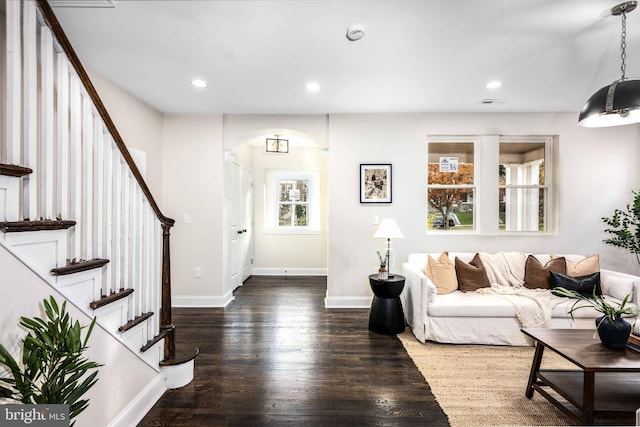 living room with dark hardwood / wood-style floors and a wealth of natural light