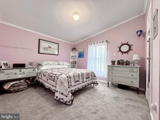 bedroom featuring light colored carpet, vaulted ceiling, and ornamental molding