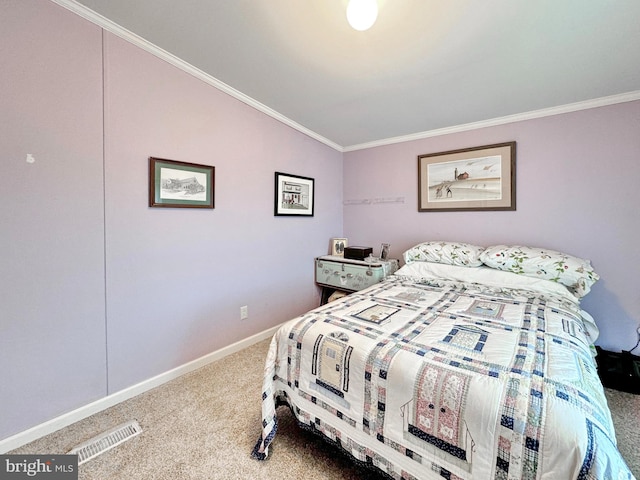 bedroom with carpet flooring, crown molding, and vaulted ceiling