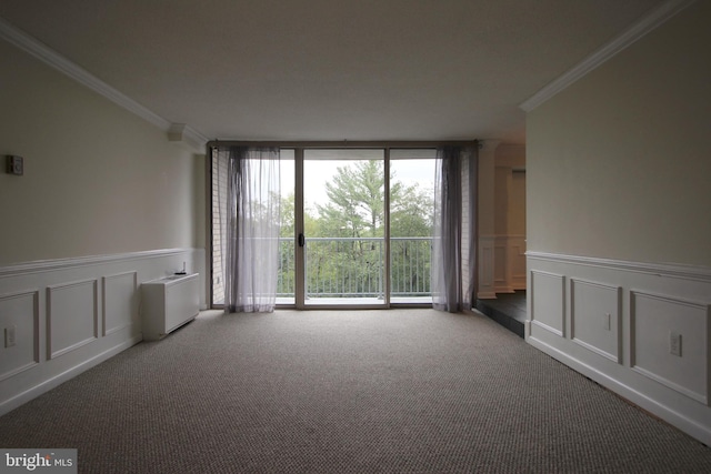 carpeted spare room featuring crown molding