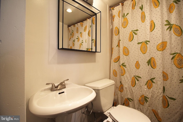 bathroom featuring a shower with curtain, toilet, and sink