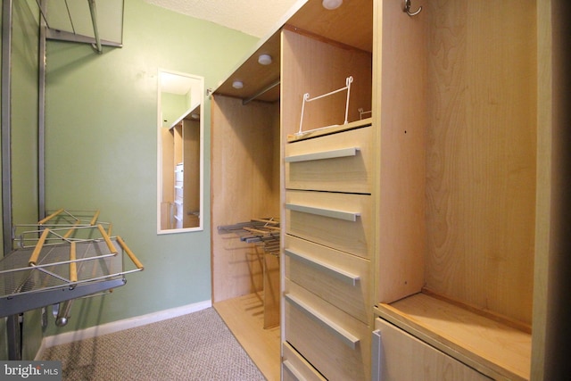 walk in closet featuring light colored carpet