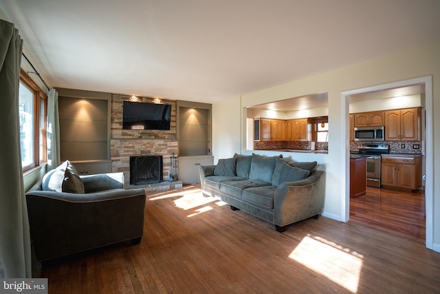 living room featuring a fireplace and dark wood-type flooring