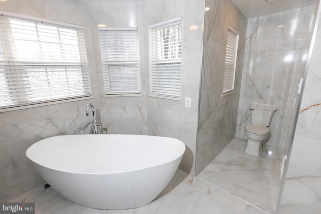 bathroom featuring a washtub, tile walls, and toilet