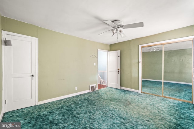 unfurnished bedroom featuring ceiling fan, a closet, and carpet floors