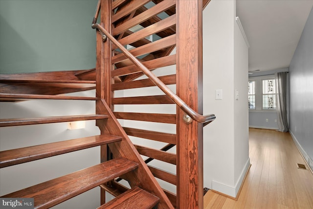 staircase with hardwood / wood-style floors