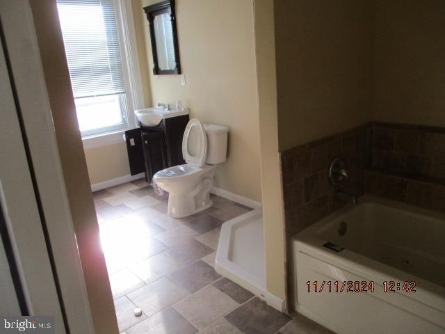 bathroom with vanity, a bathtub, and toilet