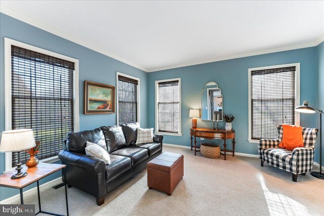 carpeted living room featuring ornamental molding