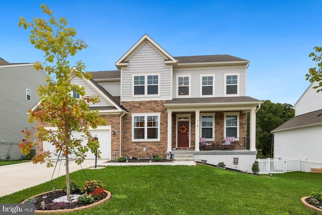 view of front of property featuring a porch, concrete driveway, fence, and a front lawn