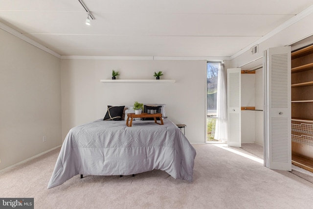 carpeted bedroom with track lighting and ornamental molding