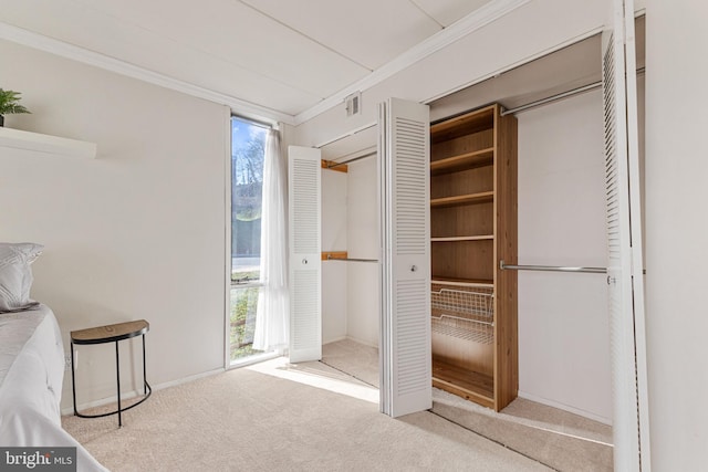 unfurnished bedroom with multiple windows, light carpet, and ornamental molding