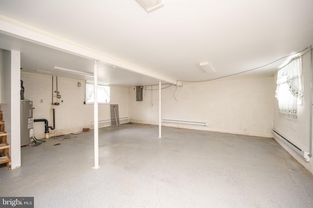 basement with electric panel, water heater, and a baseboard heating unit