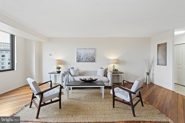 living room with light hardwood / wood-style flooring and a textured ceiling