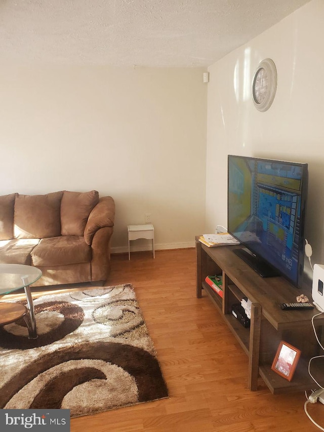 living room featuring hardwood / wood-style flooring and a textured ceiling