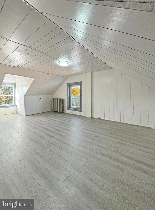 bonus room with radiator, light hardwood / wood-style floors, plenty of natural light, and lofted ceiling