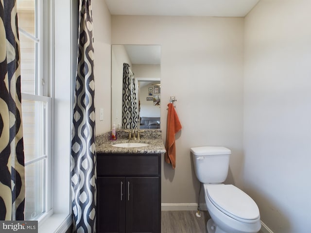 bathroom with hardwood / wood-style floors, vanity, and toilet