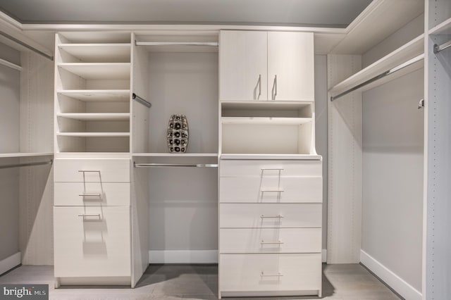 walk in closet with wood-type flooring