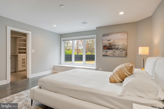 bedroom featuring dark hardwood / wood-style flooring, a spacious closet, and a closet