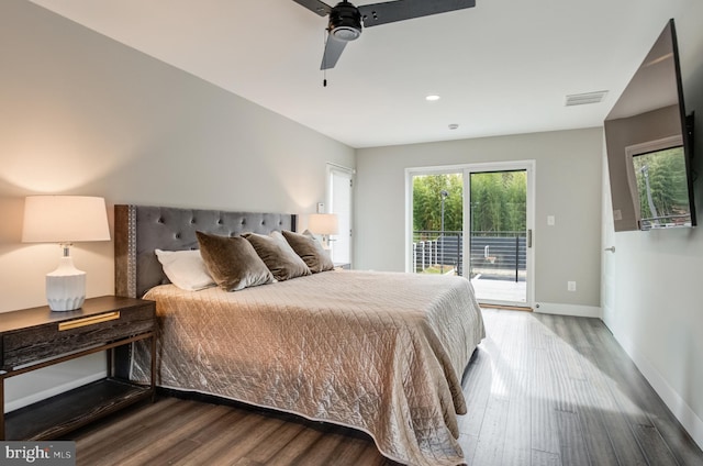 bedroom featuring hardwood / wood-style floors, ceiling fan, and access to outside