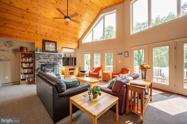 living room with wood ceiling, light colored carpet, ceiling fan, high vaulted ceiling, and a fireplace