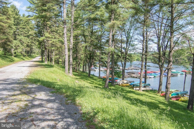 view of street with a water view