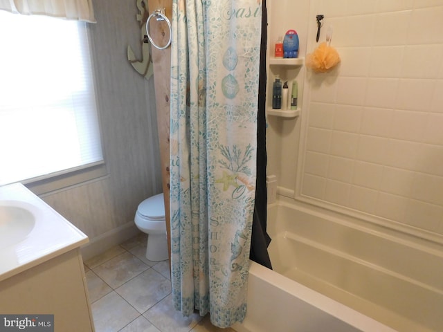 full bathroom with shower / bathtub combination with curtain, tile patterned flooring, vanity, and toilet