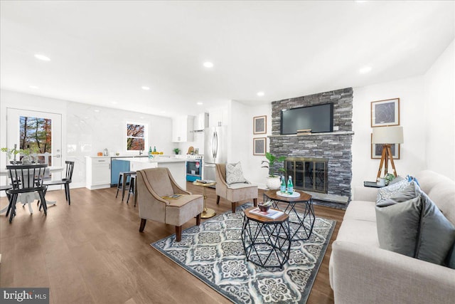 living room featuring a stone fireplace and wood-type flooring