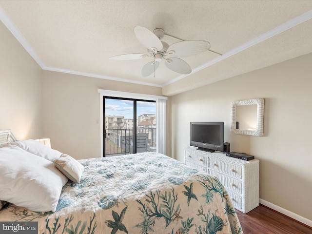 bedroom featuring ceiling fan, access to exterior, ornamental molding, and dark wood-type flooring