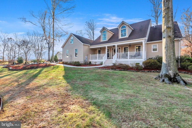 cape cod home with a porch and a front yard