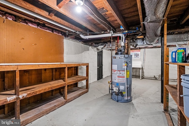 basement featuring a workshop area and water heater