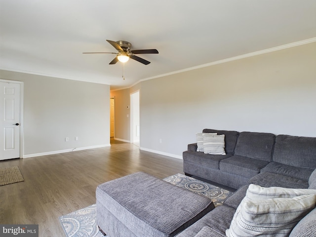 living room with dark hardwood / wood-style floors, ceiling fan, and ornamental molding