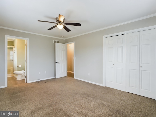 unfurnished bedroom with carpet, ensuite bath, ceiling fan, and ornamental molding