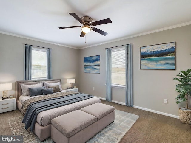 bedroom featuring dark colored carpet, ceiling fan, and crown molding