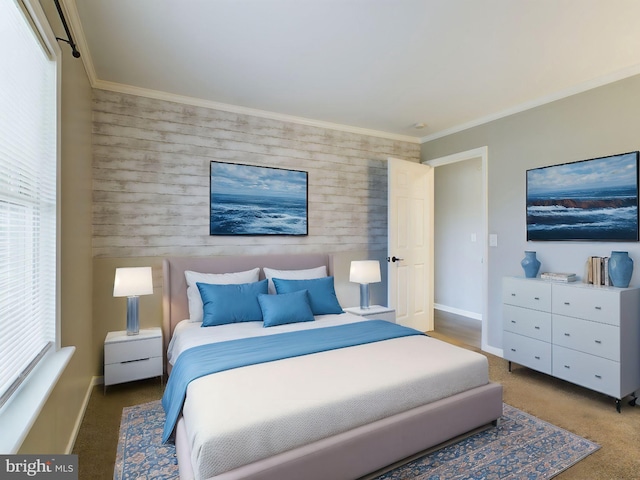 bedroom with carpet floors, multiple windows, and crown molding