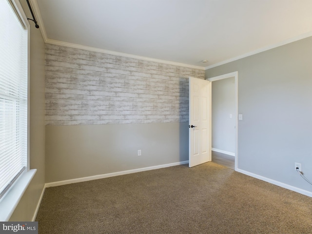 carpeted spare room with crown molding and a healthy amount of sunlight