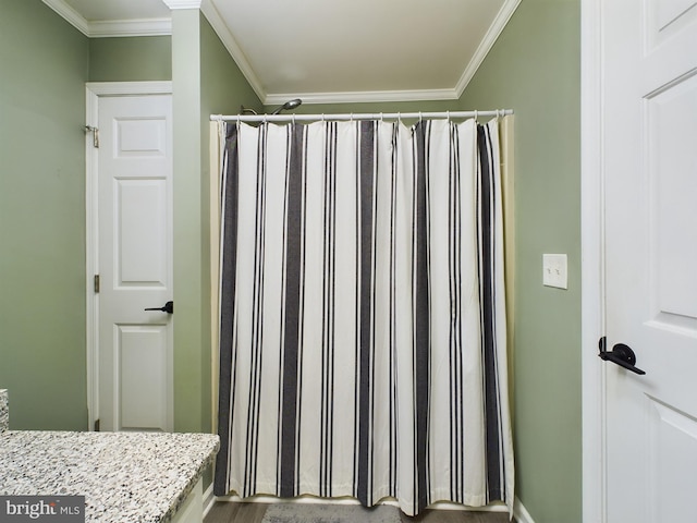 bathroom with wood-type flooring and ornamental molding