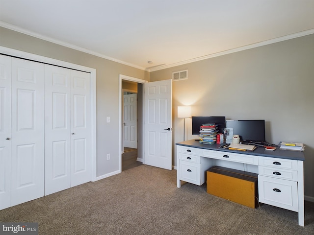 carpeted office featuring ornamental molding