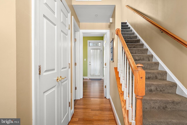 stairs with wood-type flooring