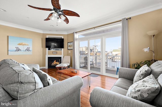 living room with light hardwood / wood-style flooring, ceiling fan, and crown molding