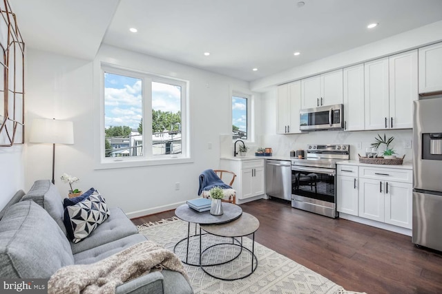 living room featuring dark hardwood / wood-style flooring and sink