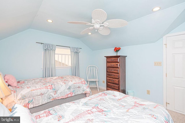 carpeted bedroom featuring ceiling fan and lofted ceiling