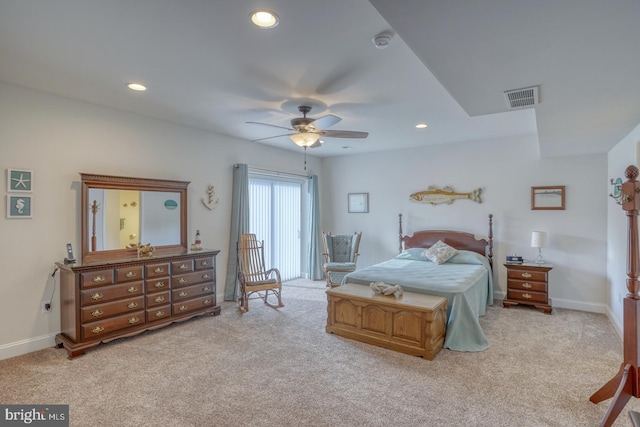 carpeted bedroom with ceiling fan