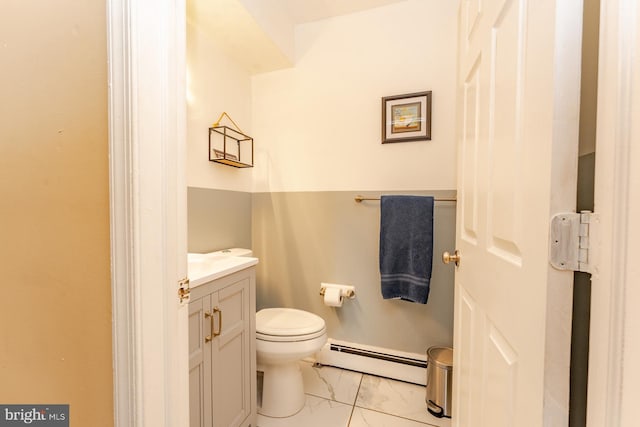 bathroom featuring vanity, toilet, and baseboard heating